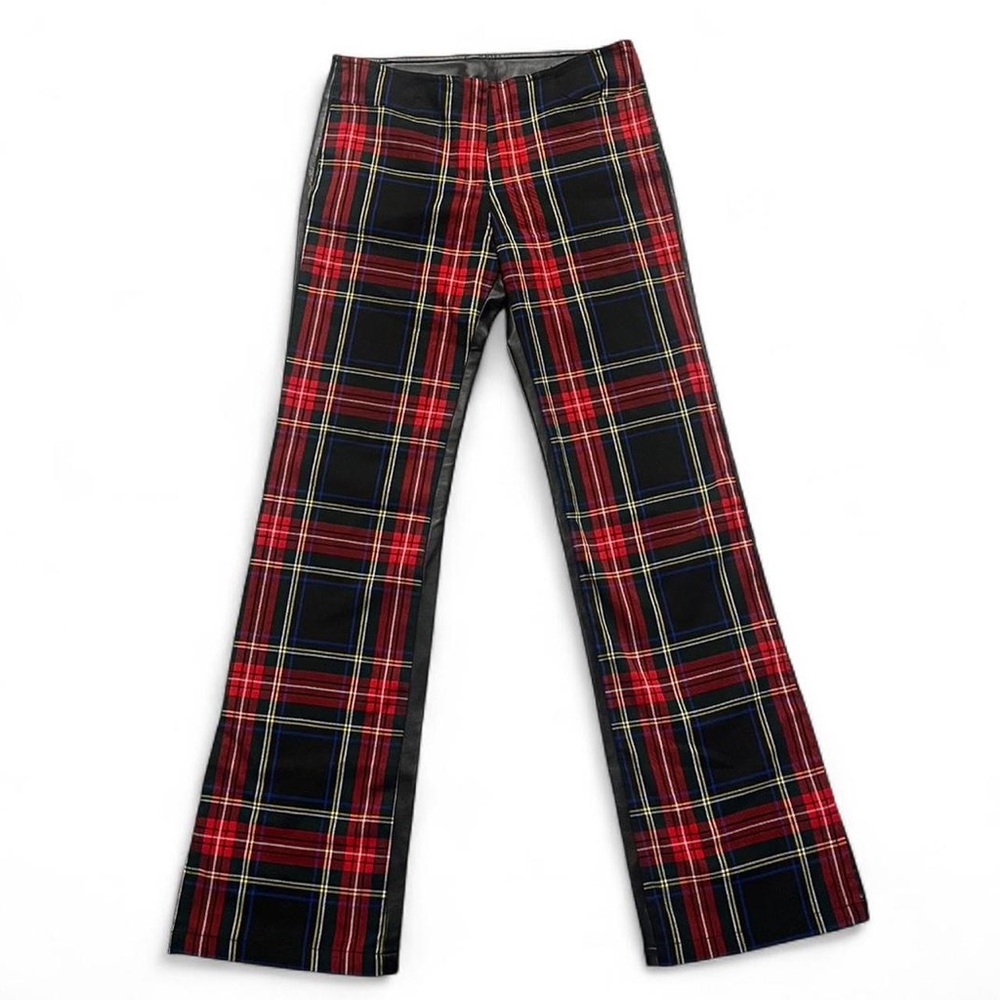 Black and red  faux leather and plaid/tartan flare pants Size small